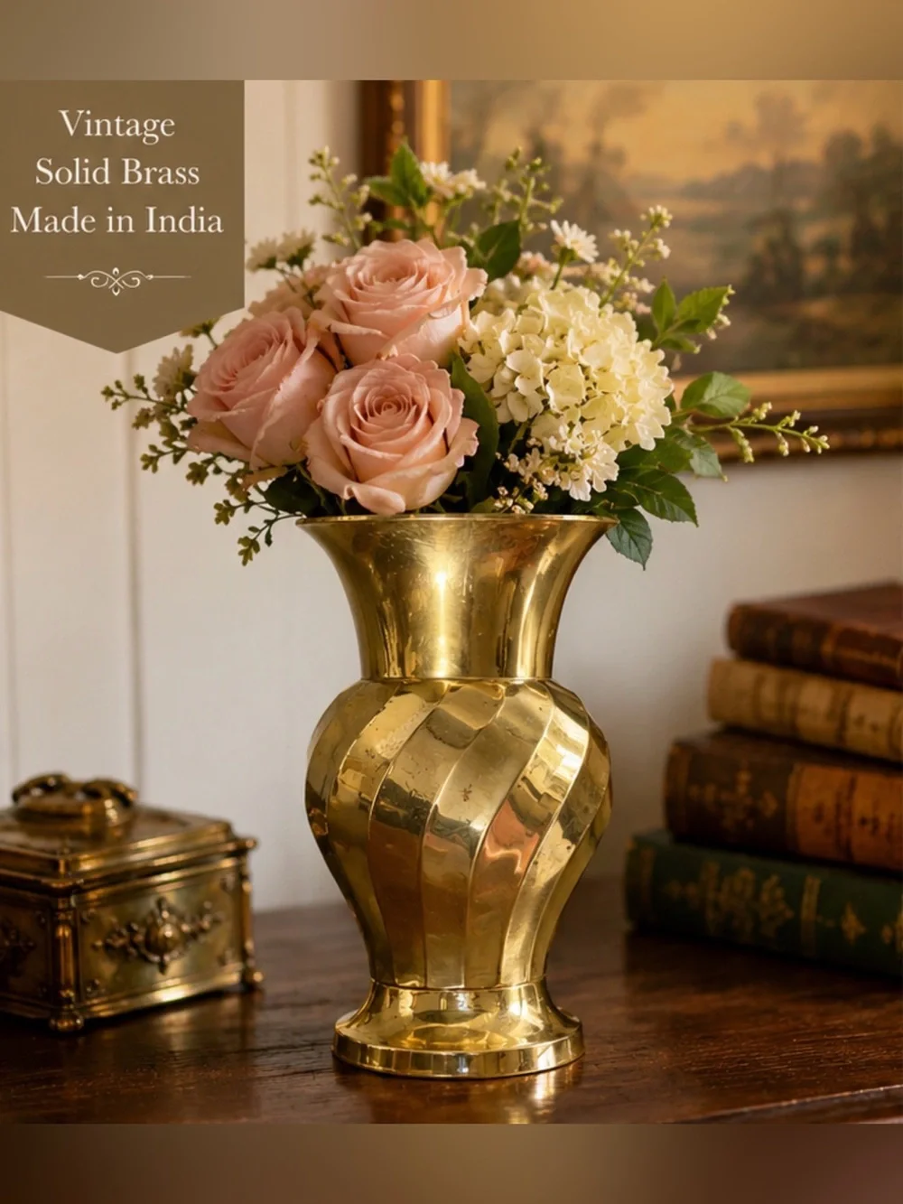Vintage Solid Brass Faceted Vase Made in India | Hollywood Regency Brass Vase